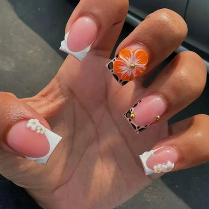 24pcs Blush Pink French Press On Nails Hand-painted White Flower Gold Ball Designs Fake Nail Short Square Korean False Nail Tips
