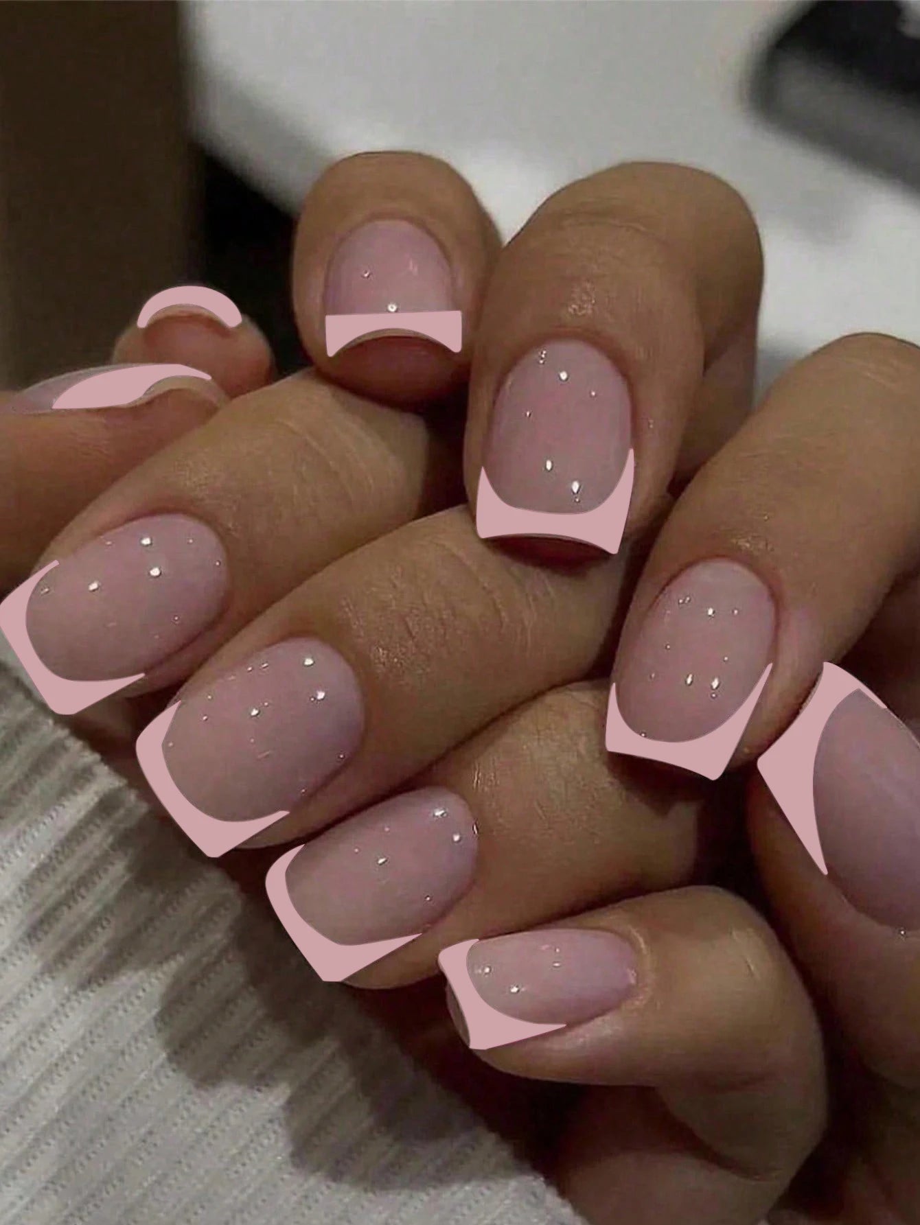 24PCS Press On Nails Short Pink Square Fingertip French Trim Press On Nails Love Design Sweet Nails Glisten Press On Nails