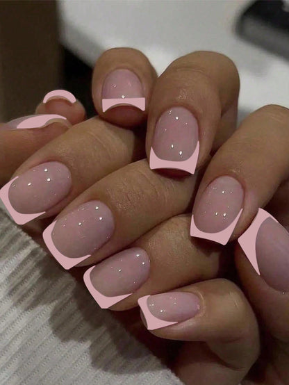 24PCS Press On Nails Short Pink Square Fingertip French Trim Press On Nails Love Design Sweet Nails Glisten Press On Nails