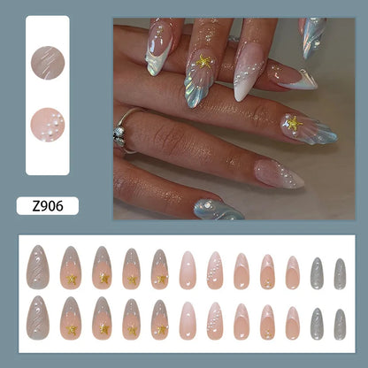 24pcs Blue Ocean Series False Nails Aurora Mermaid Shell Pearl Design Fake Nails Fairy Sweet Style French Almond Press on Nails