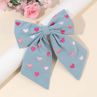 Sweet Embroidered Flower Hair Bows Clips Handmade Ribbon Solid Hairpins Cute Bowknot Barrettes Headwear Kids Hair Accessories