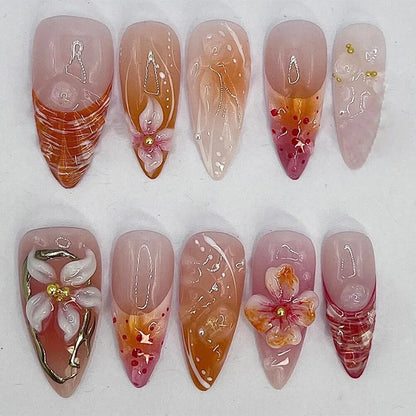 24pcs Blue Ocean Series False Nails Aurora Mermaid Shell Pearl Design Fake Nails Fairy Sweet Style French Almond Press on Nails