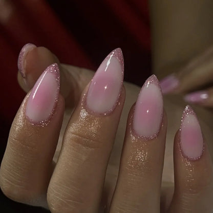 24Pcs Metallic Cat Eye French Sheer Manicure Tip Art Textured 3D Acrylic False Nails Nude Pink Almond Medium Press on Fake Nails