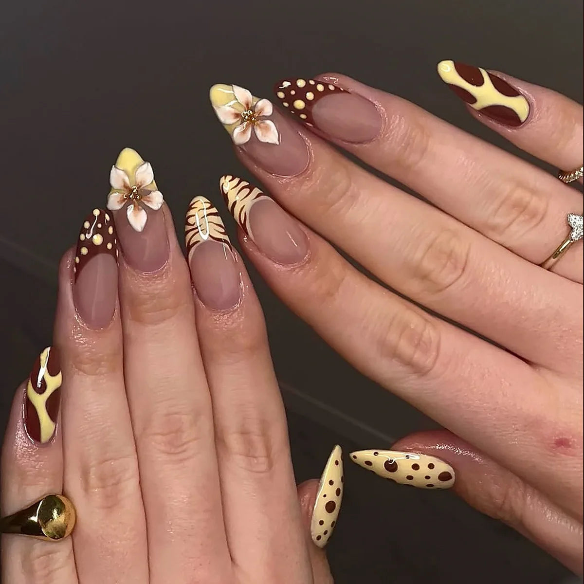 Press on Acrylic Nails Almond Full Cover Fake Nail with 3D Yellow Peach Floral False Nails with Glue Detachable Stick on Nails
