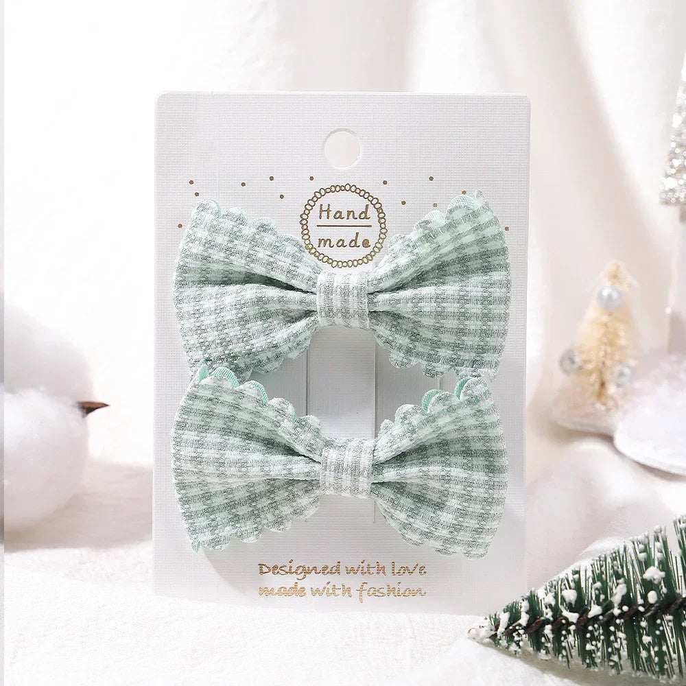 2Pcs/Set Solid Color Kids Bows Hair Clips for Baby Girls Handmade Plaid Bowknot Hairpin Barrettes Photograph Hair Accessories