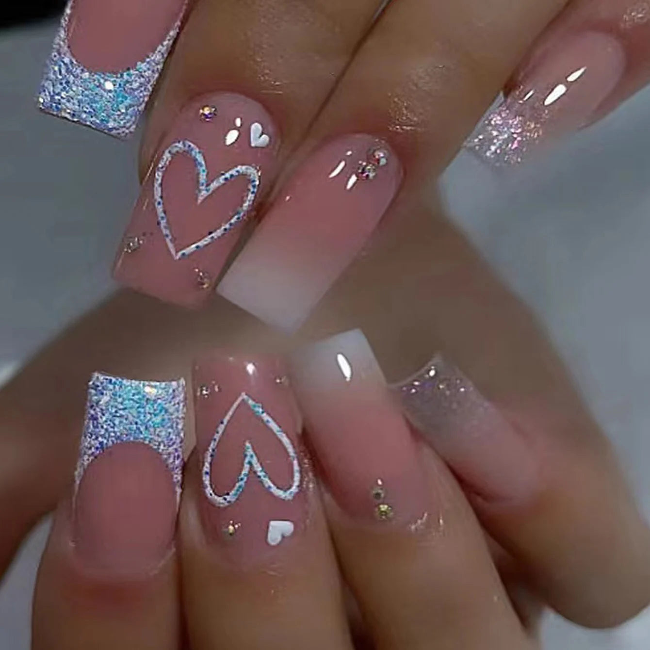 24PCS Press On Nails Short Pink Square Fingertip French Trim Press On Nails Love Design Sweet Nails Glisten Press On Nails