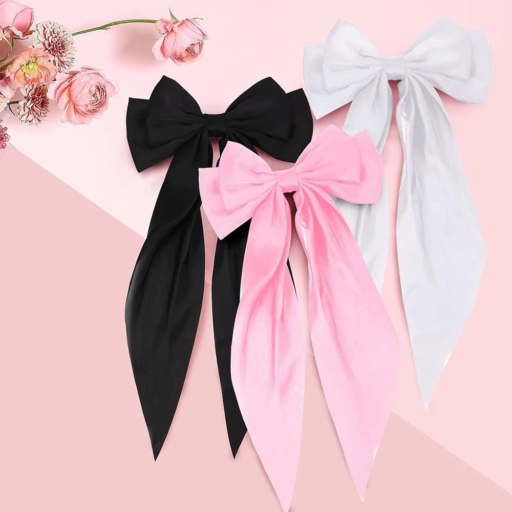 Hair Bows for Girls Ribbons Pink/Black/White Bow Girls Ribbon Hair Accessories Simple Solid Satin Spring Clip Hair Pin for Woman