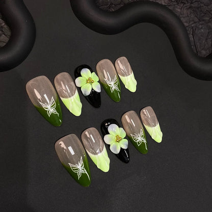 10pcs Handmade Blue Almond Press on Nails with Hand-carving Flowers Design Fake Nails Wearable Reusable Ins French False Nails