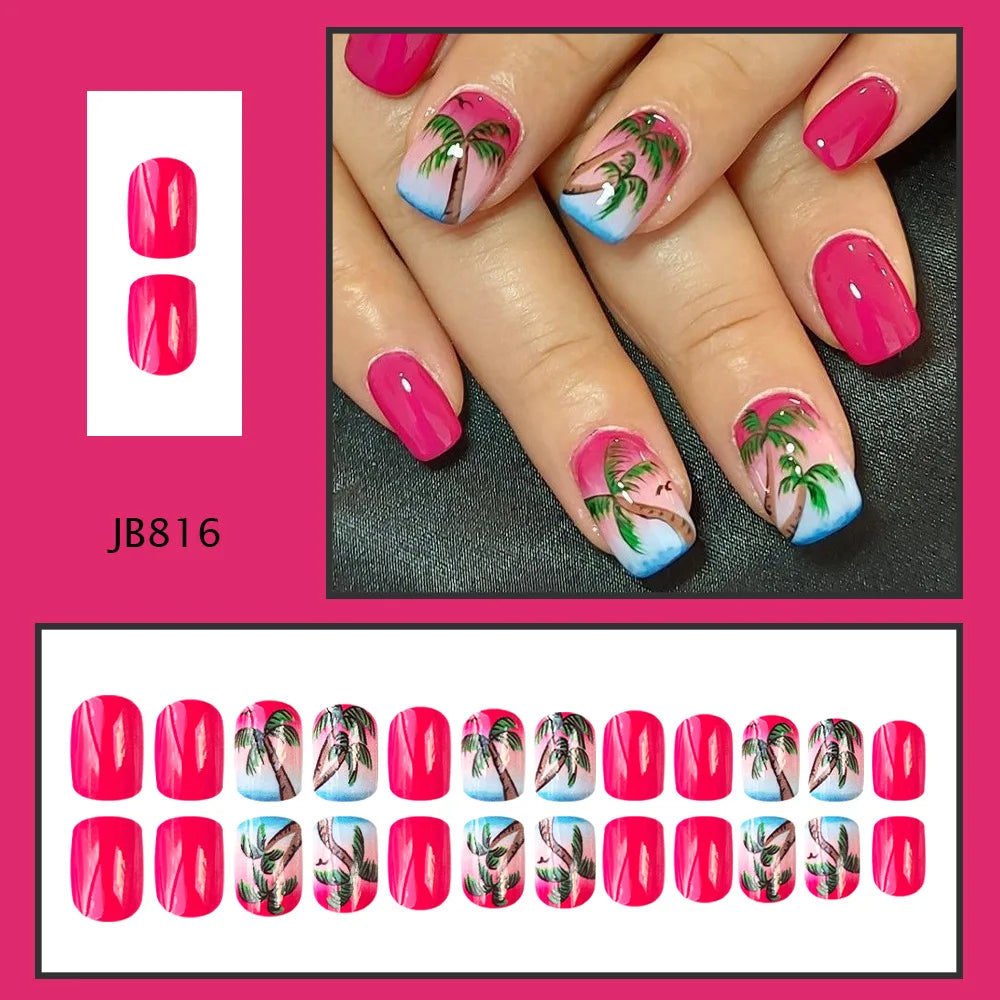 24pcs y2k Black French Press on Nails Short Square Pink Heart Fake Nails Full Cover Wearable Sweet Valentine's Day False Nails