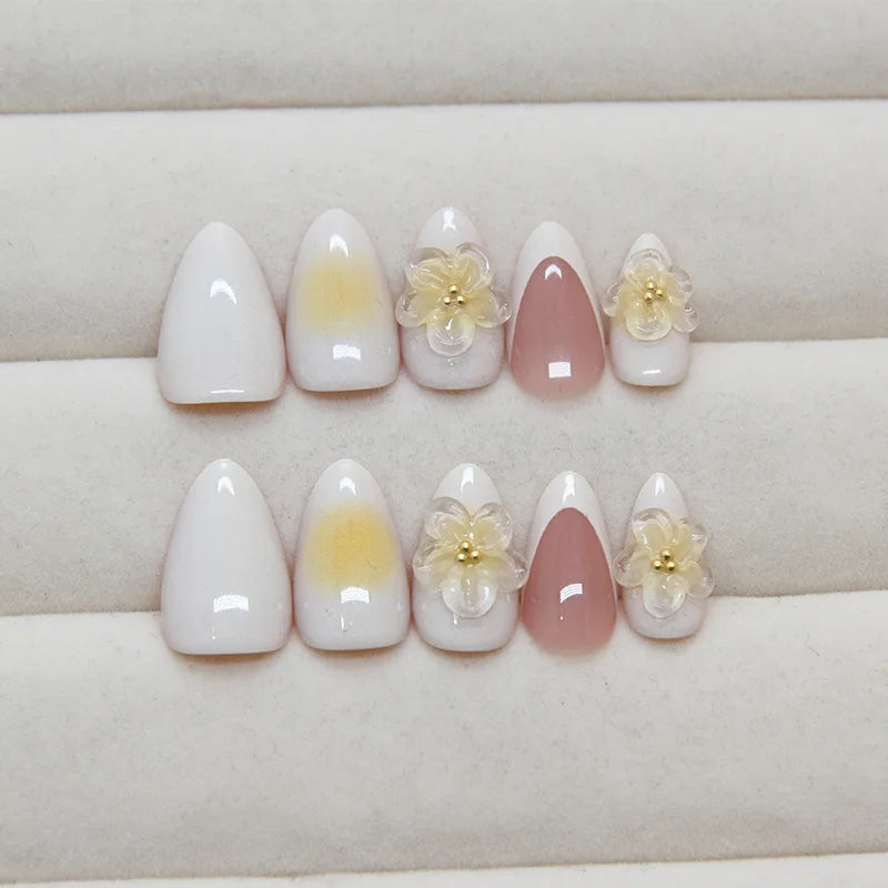 Press on Acrylic Nails Almond Full Cover Fake Nail with 3D Yellow Peach Floral False Nails with Glue Detachable Stick on Nails