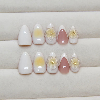 Press on Acrylic Nails Almond Full Cover Fake Nail with 3D Yellow Peach Floral False Nails with Glue Detachable Stick on Nails