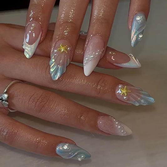 24pcs Blue Ocean Series False Nails Aurora Mermaid Shell Pearl Design Fake Nails Fairy Sweet Style French Almond Press on Nails