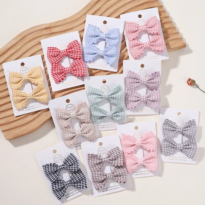 2Pcs/Set Solid Color Kids Bows Hair Clips for Baby Girls Handmade Plaid Bowknot Hairpin Barrettes Photograph Hair Accessories