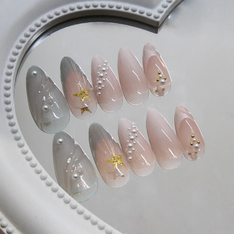 24pcs Blue Ocean Series False Nails Aurora Mermaid Shell Pearl Design Fake Nails Fairy Sweet Style French Almond Press on Nails