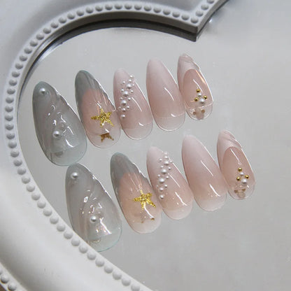 24pcs Blue Ocean Series False Nails Aurora Mermaid Shell Pearl Design Fake Nails Fairy Sweet Style French Almond Press on Nails