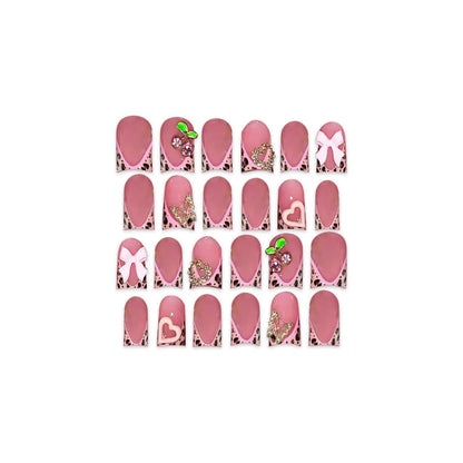 24pcs Nude Pink Sweet Fake Nails Short Duckbill Leopard Print French False Nails With 3D Bowknots Butterfly Cherry Press On Nail