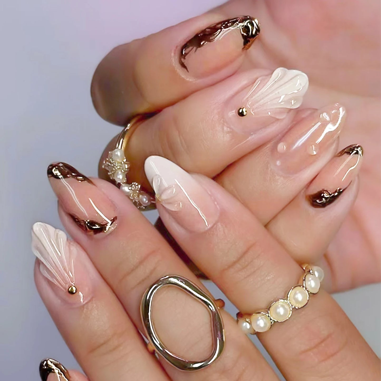 24pcs Blue Ocean Series False Nails Aurora Mermaid Shell Pearl Design Fake Nails Fairy Sweet Style French Almond Press on Nails