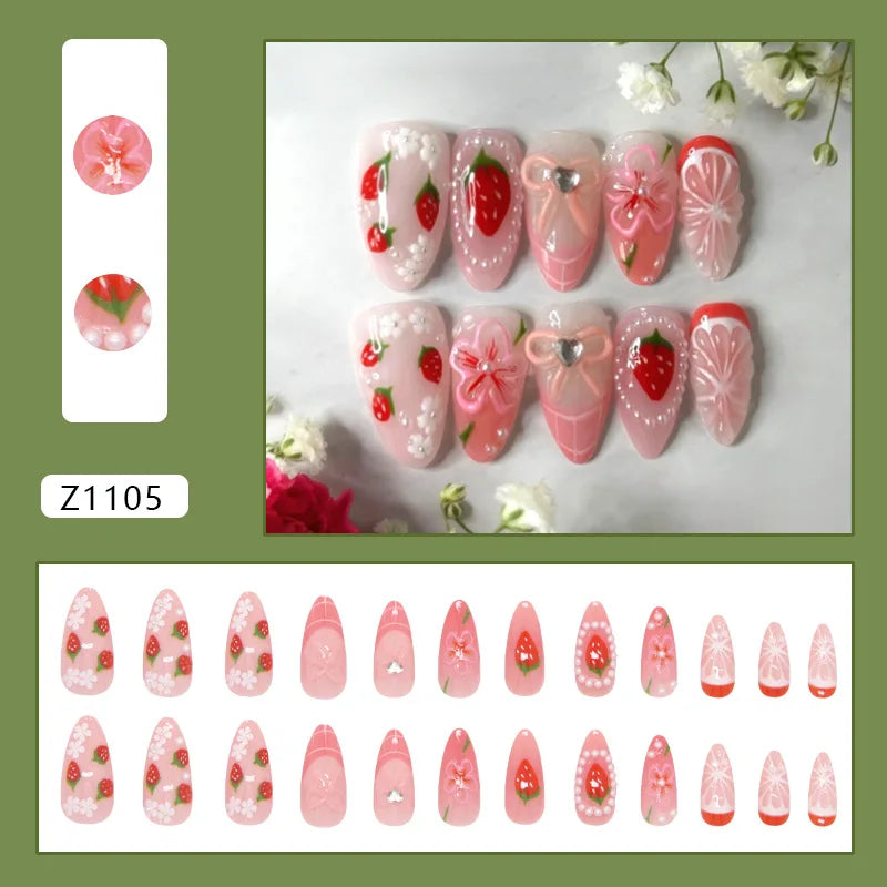 24 uñas postizas con estampado de flores, color vino tinto, rubor, almendra, reutilizables, para verano.
