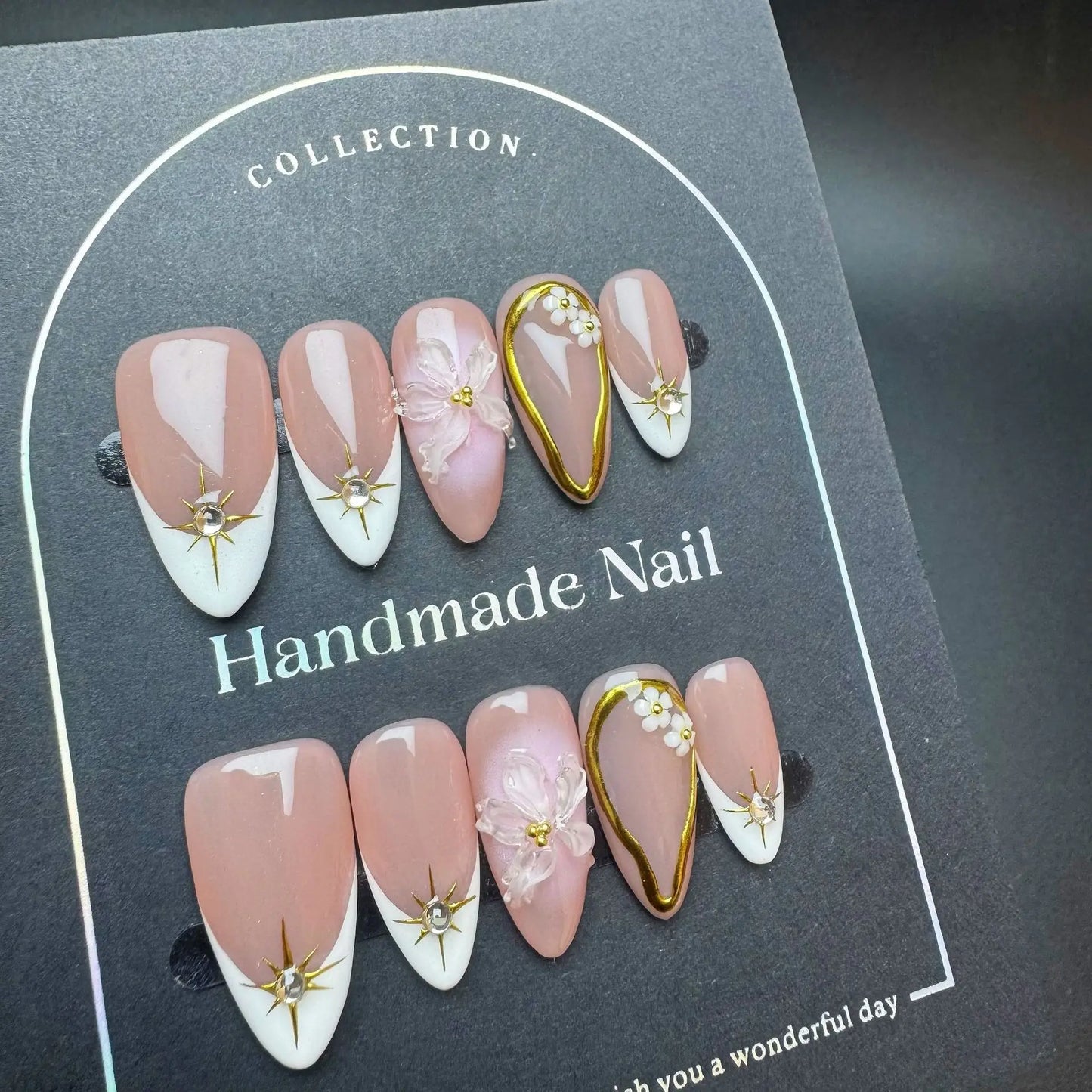 10pcs Handmade French Press on Nails White Edge Design Almond Fake Nails Reusable Wearable 3D Ice Clear Flower False Nails
