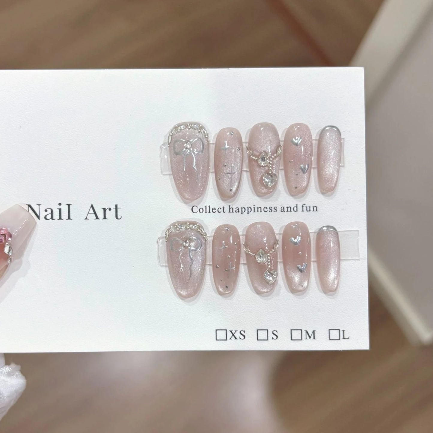 10Pcs Cat Eye French Short Almond Handmade Fake Nails with Diamond Decoration Design Nail Art Simple Fashion Press on False Nail
