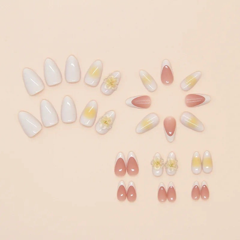 Press on Acrylic Nails Almond Full Cover Fake Nail with 3D Yellow Peach Floral False Nails with Glue Detachable Stick on Nails
