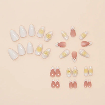 Press on Acrylic Nails Almond Full Cover Fake Nail with 3D Yellow Peach Floral False Nails with Glue Detachable Stick on Nails