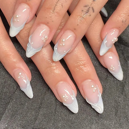24pcs Blue Ocean Series False Nails Aurora Mermaid Shell Pearl Design Fake Nails Fairy Sweet Style French Almond Press on Nails