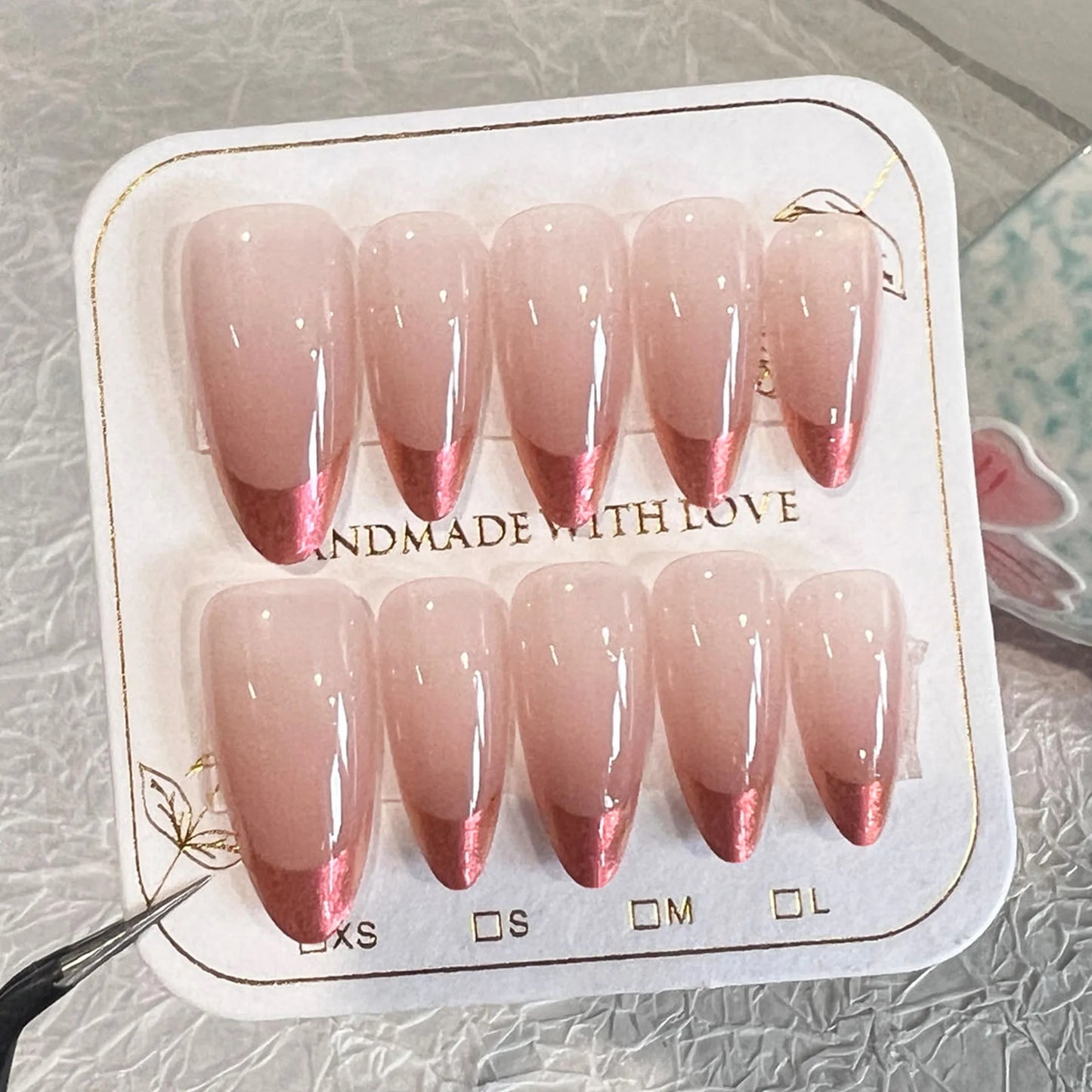 10Pcs Handmade Press on Nails Full Cover Rhinestone Design French Almond False Nails Artificial Wearable Manicure Nail Tips Art