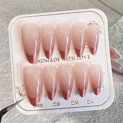 10Pcs Handmade Press on Nails Full Cover Rhinestone Design French Almond False Nails Artificial Wearable Manicure Nail Tips Art