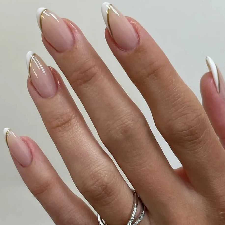 Elegant French Noble Gold Glitter Powder White Simple Almond Fake Nails Art False Nails Charm Tips Press on Nails Manicure Tools