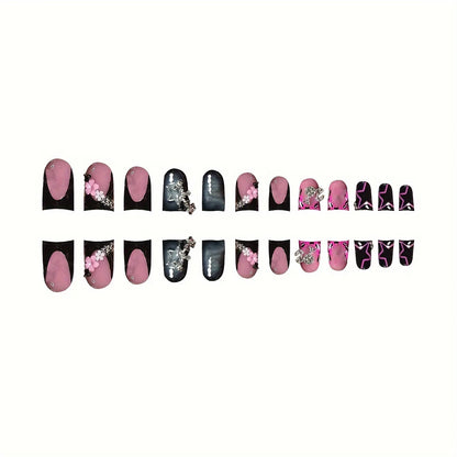 24pcs Short Duck Shaped False Nails Y2k Punk Style Rose Pink Black French Tips Press On Nail Diamond Star Flower Decor Fake Nail