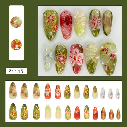 24 uñas postizas con estampado de flores, color vino tinto, rubor, almendra, reutilizables, para verano.