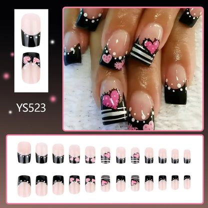 24pcs y2k Black French Press on Nails Short Square Pink Heart Fake Nails Full Cover Wearable Sweet Valentine's Day False Nails