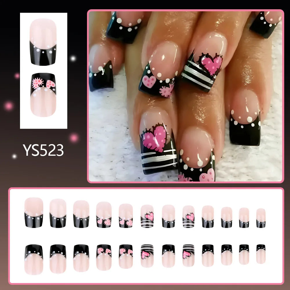 24pcs y2k Black French Press on Nails Short Square Pink Heart Fake Nails Full Cover Wearable Sweet Valentine's Day False Nails