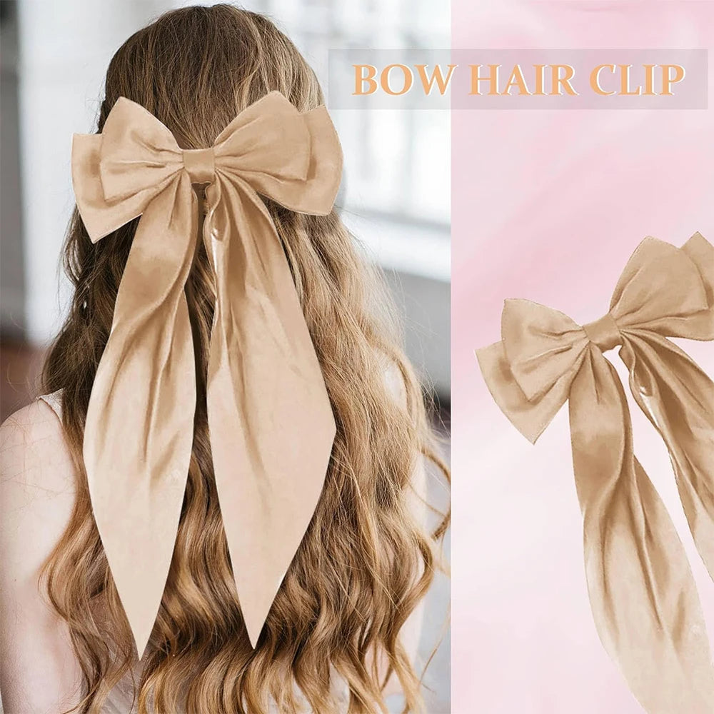 Hair Bows for Girls Ribbons Pink/Black/White Bow Girls Ribbon Hair Accessories Simple Solid Satin Spring Clip Hair Pin for Woman