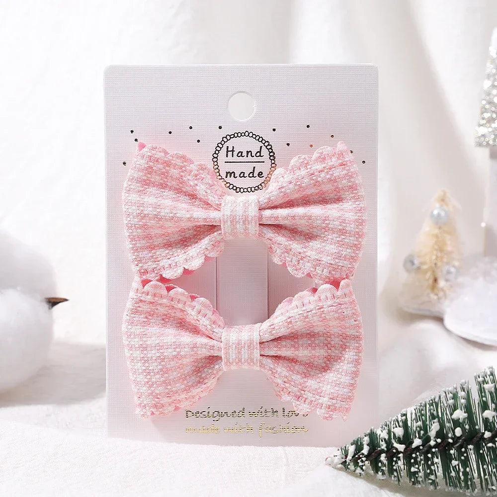 2Pcs/Set Solid Color Kids Bows Hair Clips for Baby Girls Handmade Plaid Bowknot Hairpin Barrettes Photograph Hair Accessories