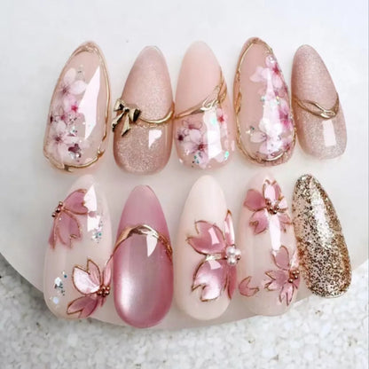 Press on Acrylic Nails Almond Full Cover Fake Nail with 3D Yellow Peach Floral False Nails with Glue Detachable Stick on Nails