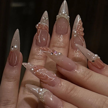 Press on Acrylic Nails Almond Full Cover Fake Nail with 3D Yellow Peach Floral False Nails with Glue Detachable Stick on Nails