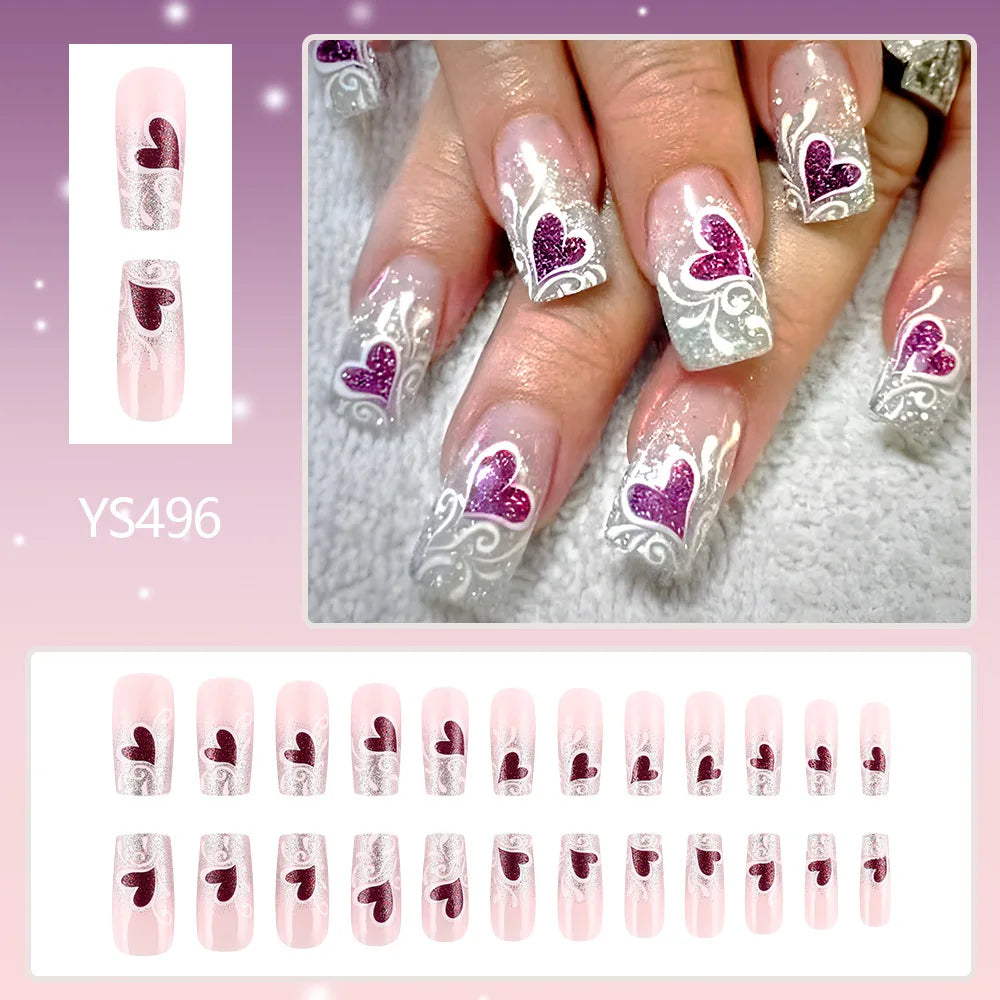 24pcs y2k Black French Press on Nails Short Square Pink Heart Fake Nails Full Cover Wearable Sweet Valentine's Day False Nails