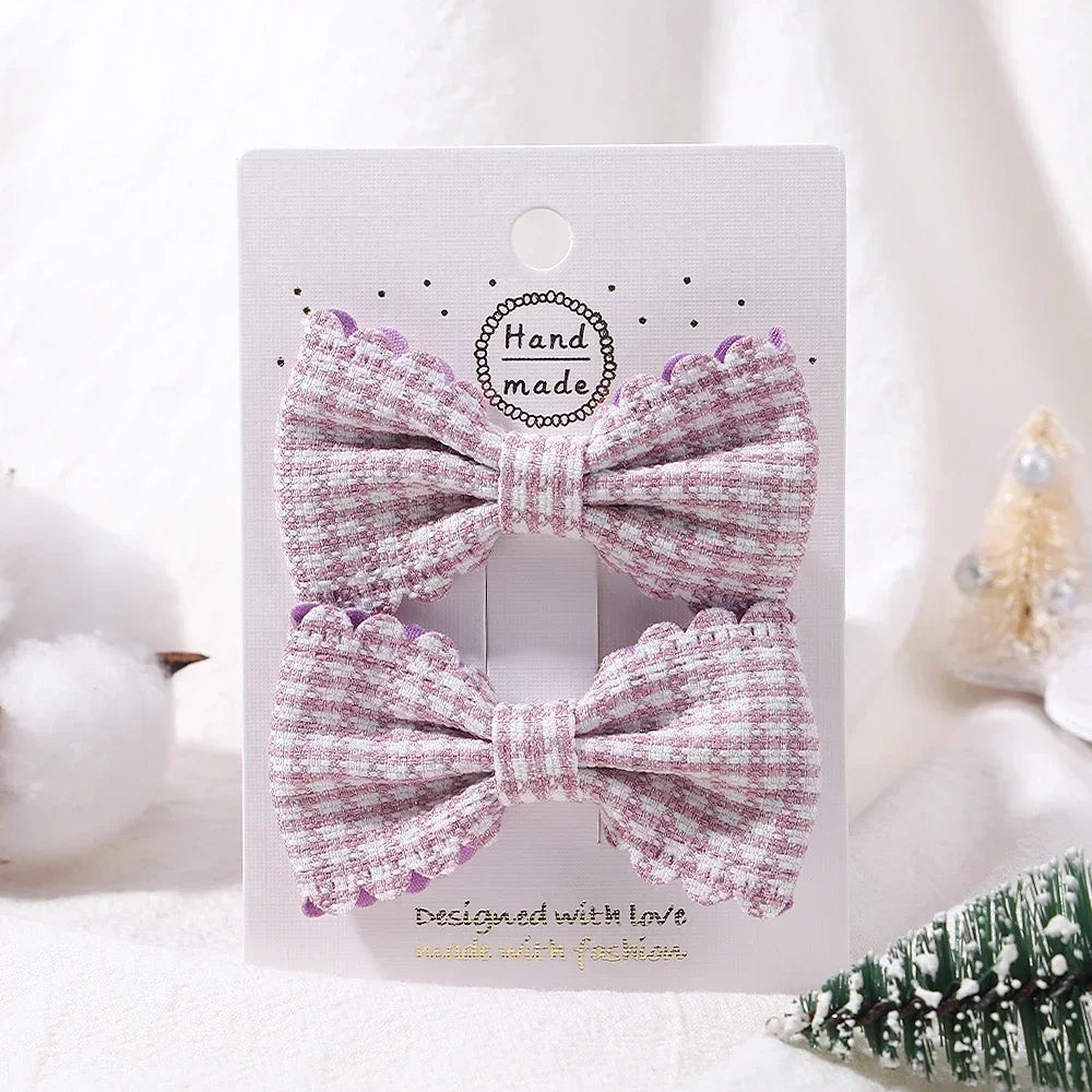 2Pcs/Set Solid Color Kids Bows Hair Clips for Baby Girls Handmade Plaid Bowknot Hairpin Barrettes Photograph Hair Accessories