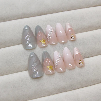 24pcs Blue Ocean Series False Nails Aurora Mermaid Shell Pearl Design Fake Nails Fairy Sweet Style French Almond Press on Nails