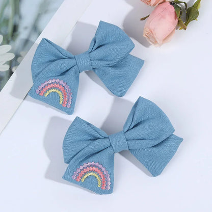 Sweet Embroidered Flower Hair Bows Clips Handmade Ribbon Solid Hairpins Cute Bowknot Barrettes Headwear Kids Hair Accessories