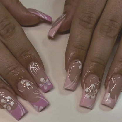 Mid-length Coffin Fake Nails 24Pcs White French Tip Ballerina Press On Nail Pink/White Flower Printed Spring/Summer DIY Manicure