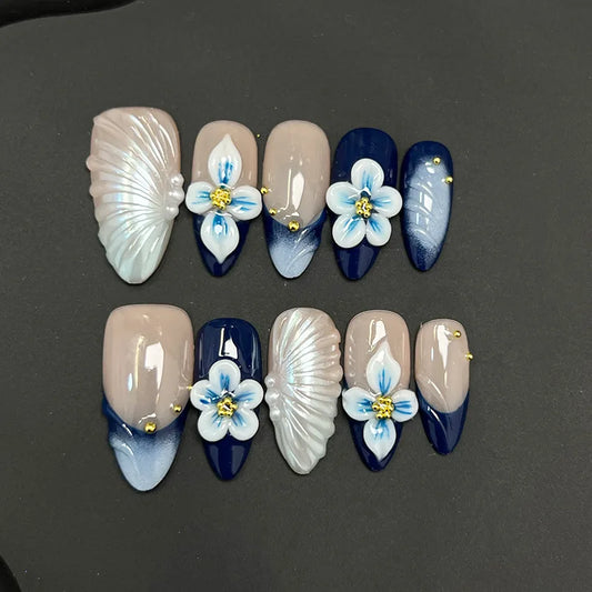 10 uñas postizas de almendra azul hechas a mano con diseño de flores talladas a mano, reutilizables y usables.