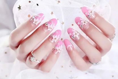Press on Acrylic Nails Almond Full Cover Fake Nail with 3D Yellow Peach Floral False Nails with Glue Detachable Stick on Nails