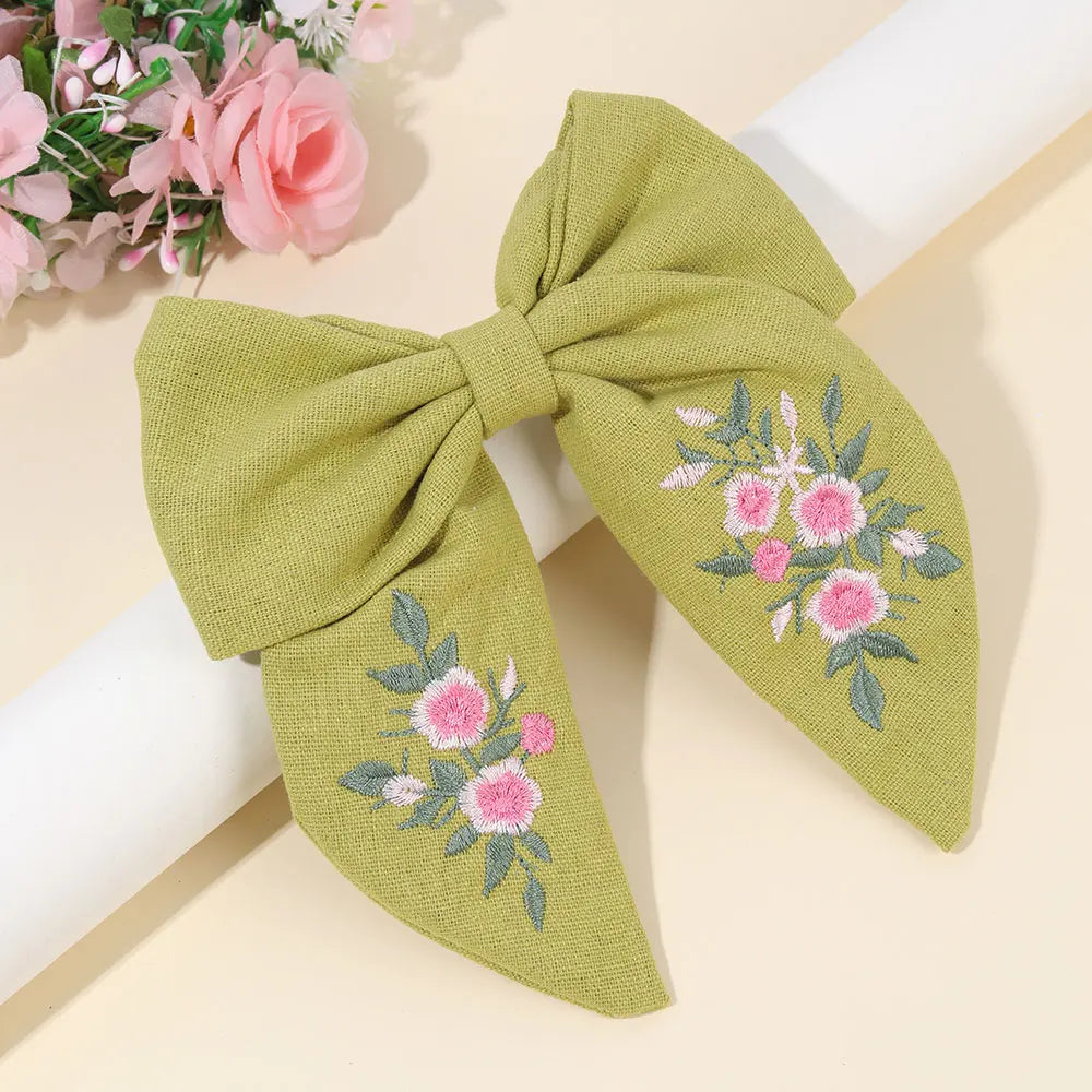 Sweet Embroidered Flower Hair Bows Clips Handmade Ribbon Solid Hairpins Cute Bowknot Barrettes Headwear Kids Hair Accessories