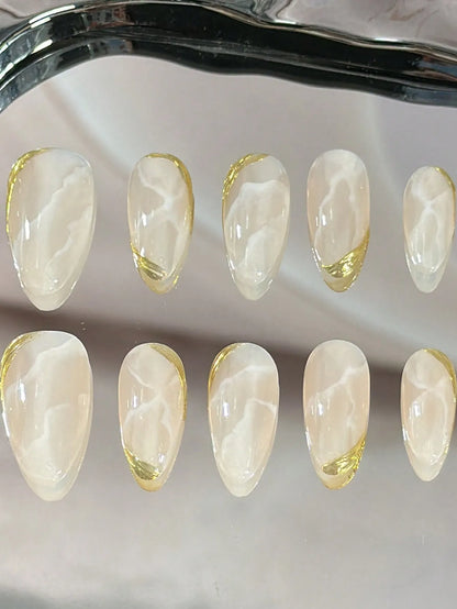 10 pieces of pure handmade almond-shaped nails, nude white marble texture, suitable for commuting, delicate, simple and fashiona
