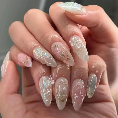 Press on Acrylic Nails Almond Full Cover Fake Nail with 3D Yellow Peach Floral False Nails with Glue Detachable Stick on Nails