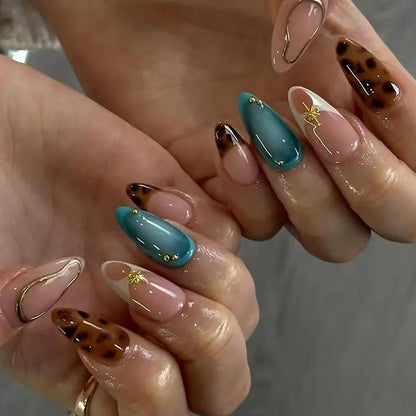 24pcs Blue Ocean Series False Nails Aurora Mermaid Shell Pearl Design Fake Nails Fairy Sweet Style French Almond Press on Nails