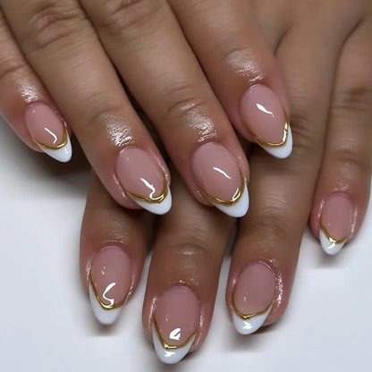 Elegant French Noble Gold Glitter Powder White Simple Almond Fake Nails Art False Nails Charm Tips Press on Nails Manicure Tools